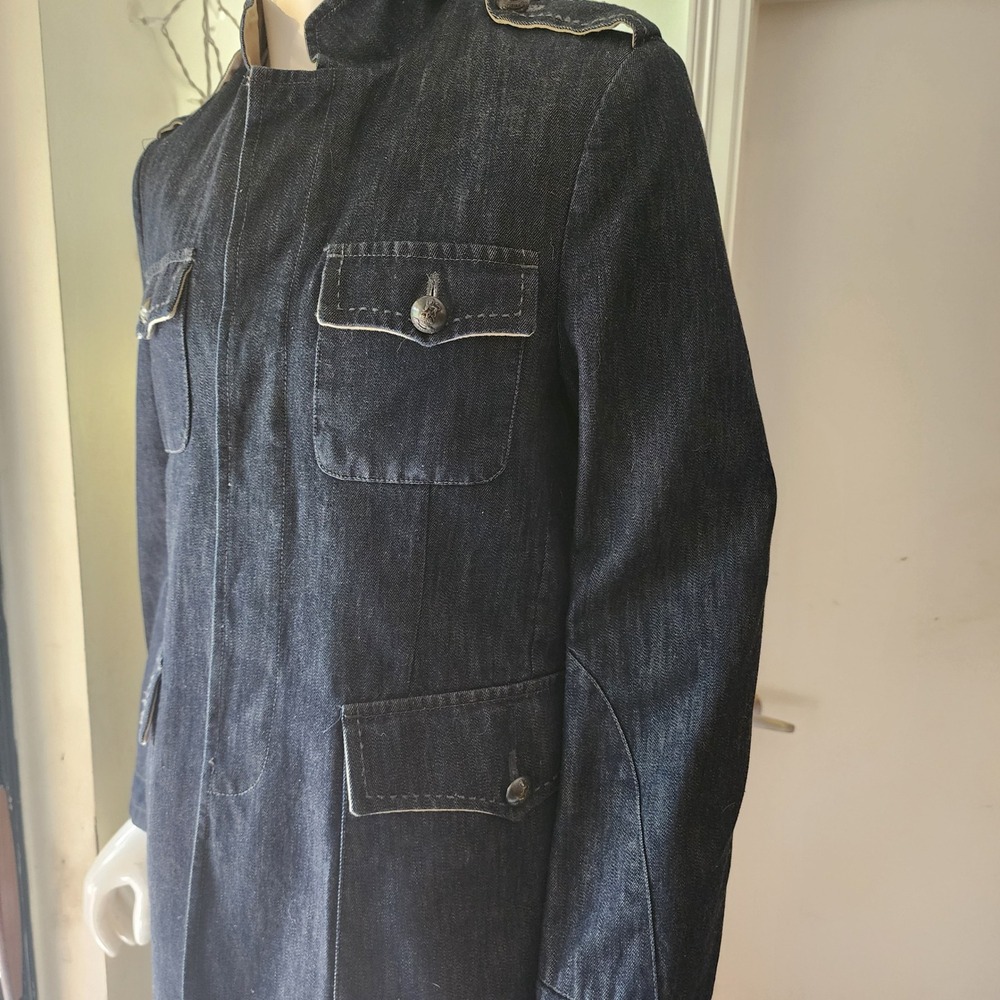 Mens Dark Wash Denim Military Field Jacket Stand Collar Epaulettes Navy Blue - Picture 2 of 14